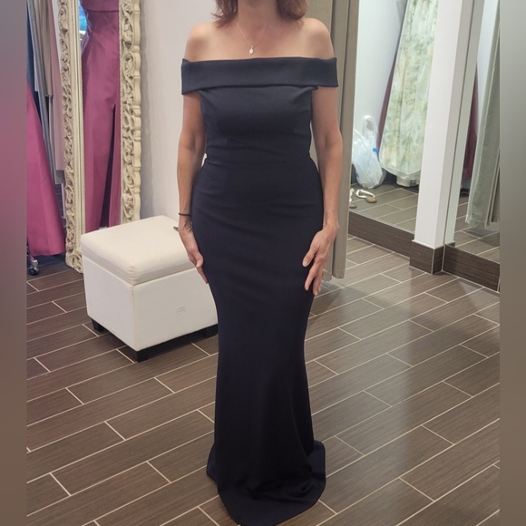 Katie May Los Angeles Dresses & Skirts - Navy Blue Off-Shoulder Polyester Gown with Keyhole Back.